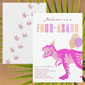 T-Rex Pink Four-Asaur Dino Fourth Birthday Party 招待状