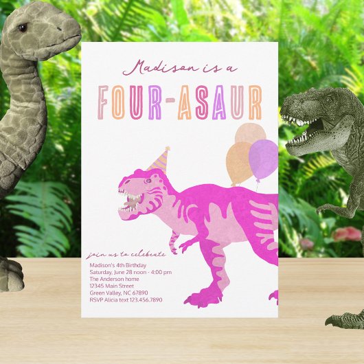 T-Rex Pink Four-Asaur Dino Fourth Birthday Party 招待状