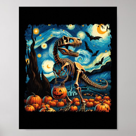 T-rex Skeleton Halloween Van Gogh Starry Night Fal ポスター (正面)