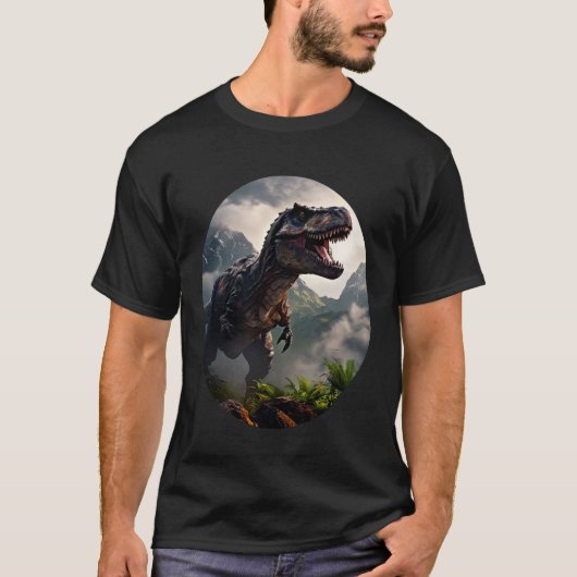 T-Rex standing before a rugged mountain range Tシャツ (正面)