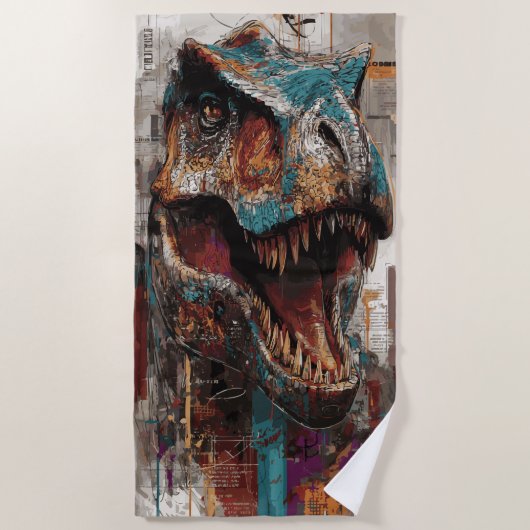 T-Rex Street Art Dinosaur Graffiti Portrait ビーチタオル (正面)