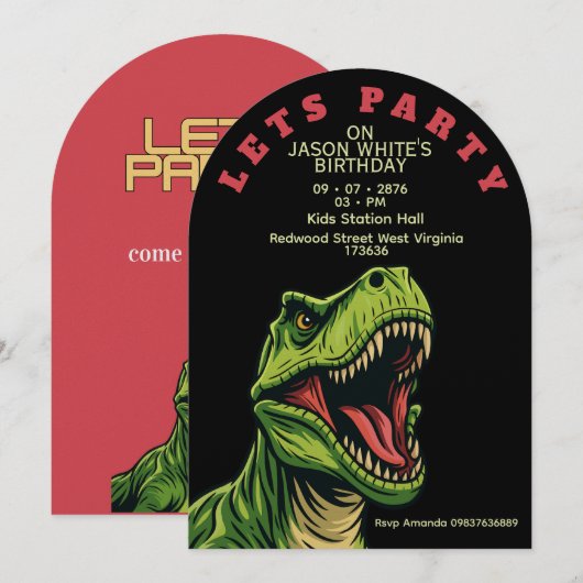 T-Rex Themed Boy Birthday Invitation 招待状 (正面/裏面)