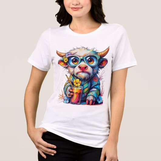 T-shirt Colorful Cow with a Cool Drink トライブレンドＴシャツ (正面)
