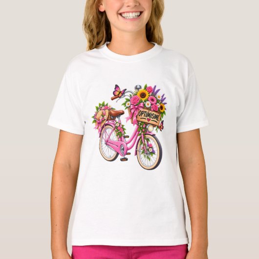 T-Shirt Femme Fleuri « Optimisme » – Vélo Rose et Tシャツ (正面)