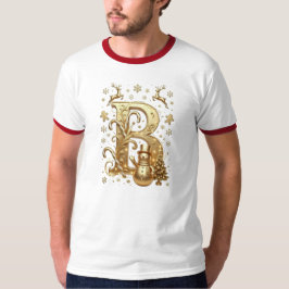 T-Shirt Gold Letter B Luxury Snowman Ringer White Tシャツ
