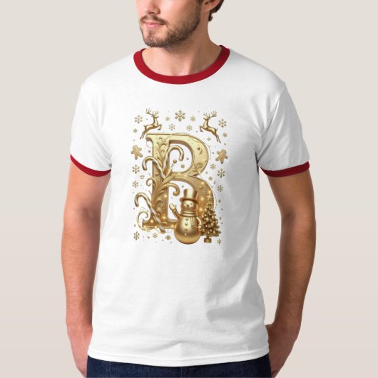 T-Shirt Gold Letter B Luxury Snowman Ringer White Tシャツ (正面)