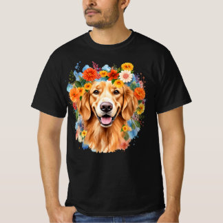 T-shirt Golden Retriever Flower Crown Watercolor Tシャツ
