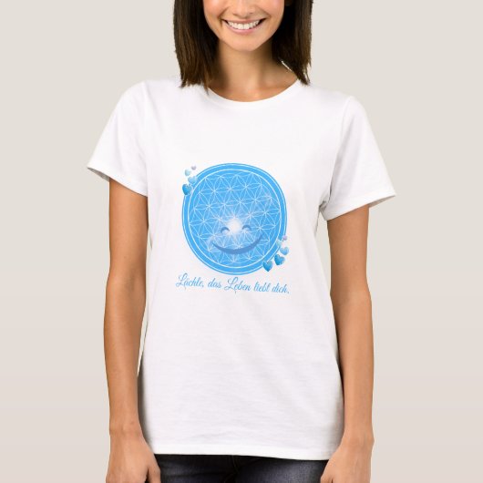 T-Shirt mit Blume des Lebens & Blüten Blau, Herz Tシャツ (正面)