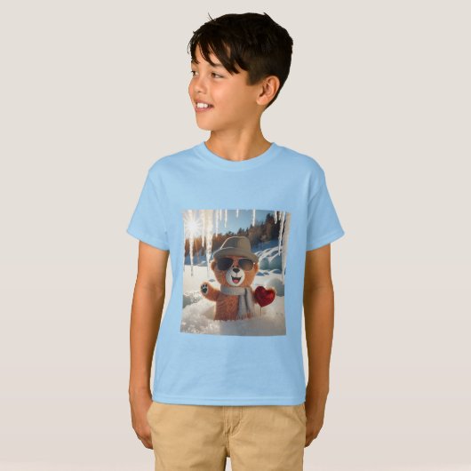 T-Shirt mit Teddybär mit Sonnenbrille im Schnee Tシャツ (正面フル)