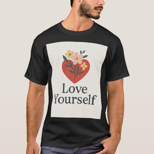 T-shirt noir "Love Yourself" avec motif cœur et fl Tシャツ (正面)