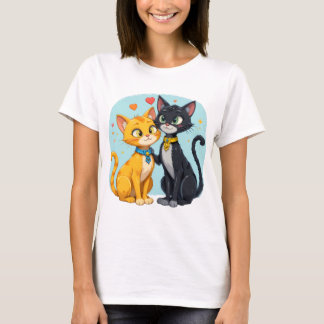 T-ShirtBlack Cat and Yellow Cat in Love with Heart Tシャツ