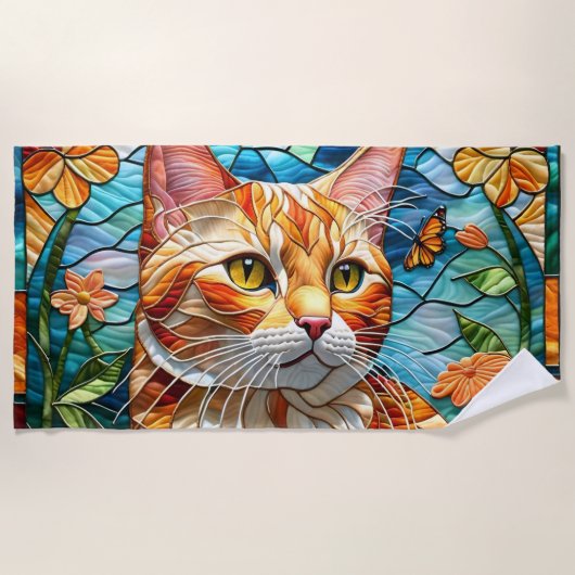 Tabby  art stained glass cat colorful modern style ビーチタオル (正面)