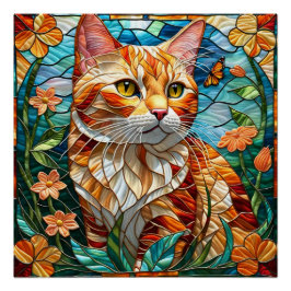 Tabby art stained glass cat colorful modern style ポスター