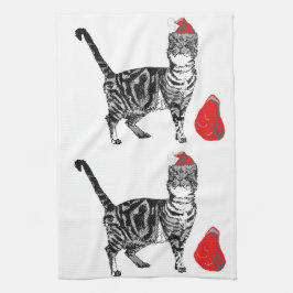 Tabby CatカッコいいChristmas Cat Red White キッチンタオル