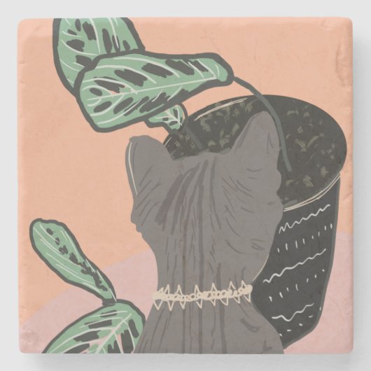 Tabby Catグレー植物2トーン ストーンコースター (正面)