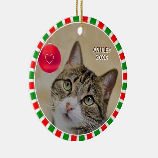 Tabby cat写真と緑の赤い枠 セラミックオーナメント (右)