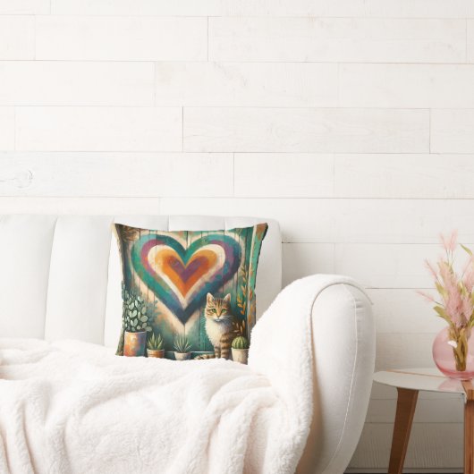Tabby Cat and Heart Rustic Colorful Art Design クッション (ソファ)