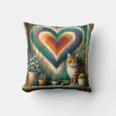 Tabby Cat and Heart Rustic Colorful Art Design クッション (正面)