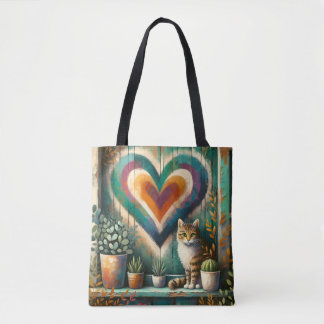 Tabby Cat and Heart Rustic Colorful Art Design トートバッグ