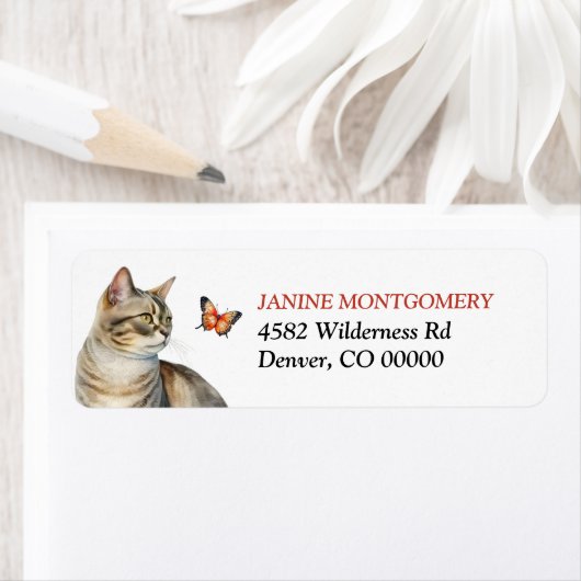 Tabby Cat and Monarch Butterfly Return Address ラベル (インサイチュ)