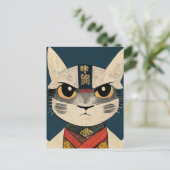 Tabby Cat as Nobunaga Oga in Japanese Wood Wall A ポストカード (スタンド正面)