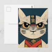 Tabby Cat as Nobunaga Oga in Japanese Wood Wall A ポストカード (正面/裏面)
