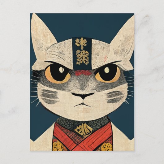 Tabby Cat as Nobunaga Oga in Japanese Wood Wall A ポストカード (正面)