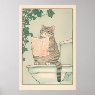 Tabby Cat Bathroom Print Funny Japanese Ukiyo-e ポスター