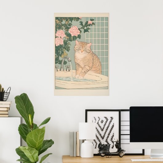 Tabby Cat Bathroom Print Ukiyo-e Japanese Wall Art ポスター (ホームオフィス)