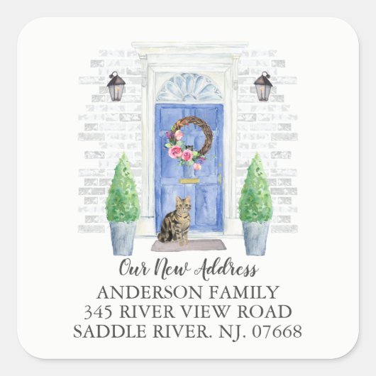 Tabby Cat Blue Door新しいアドレスラベルシール スクエアシール (正面)