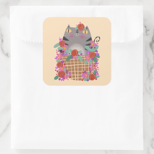 Tabby cat & flowers スクエアシール (バッグ)