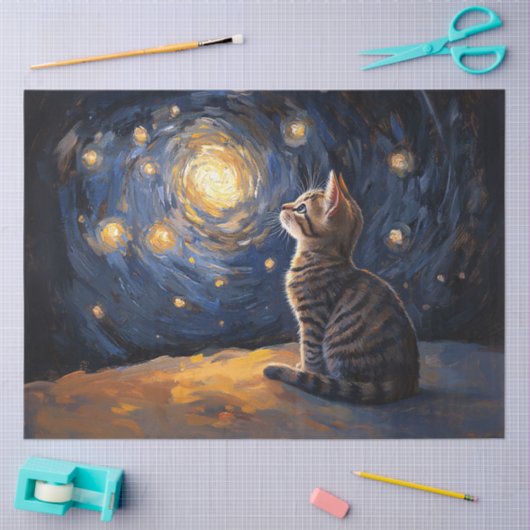 Tabby Cat Gazing at Spiral Starry Sky 薄葉紙 (クラフト)