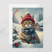 Tabby Cat in Preppy Winter Attire and Hat Winter シーズンポストカード (正面/裏面)