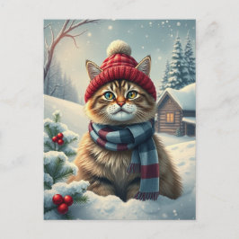 Tabby Cat in Preppy Winter Attire and Hat Winter シーズンポストカード