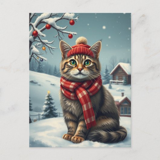 Tabby Cat in Preppy Winter Attire and Hat Winter シーズンポストカード (正面)