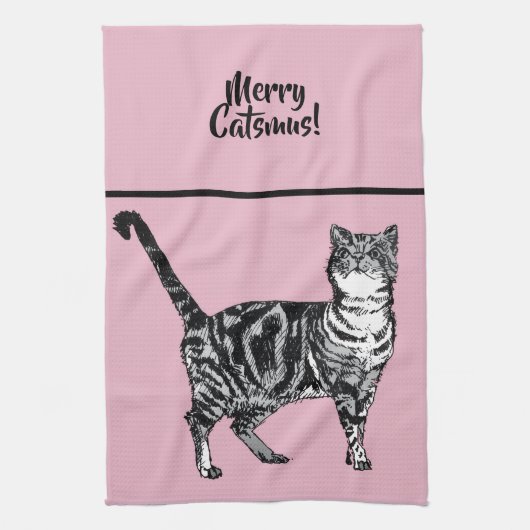 Tabby Cat Merry Catsmus Pink Christmas Cats キッチンタオル (縦)