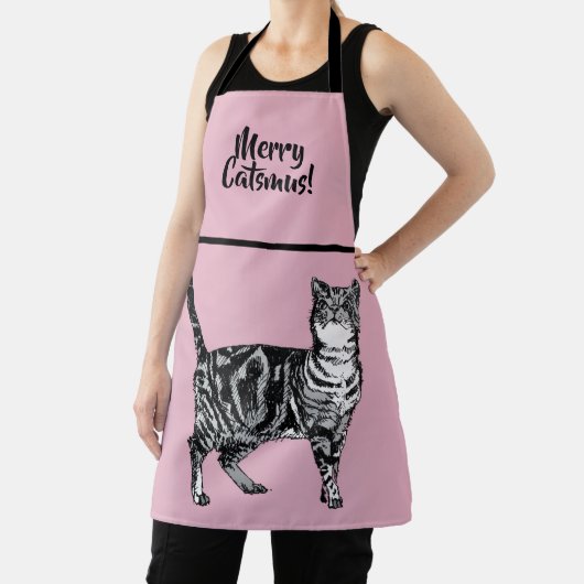 Tabby Cat Merry Catsmus Pink Christmas Stocking エプロン (インサイチュ)