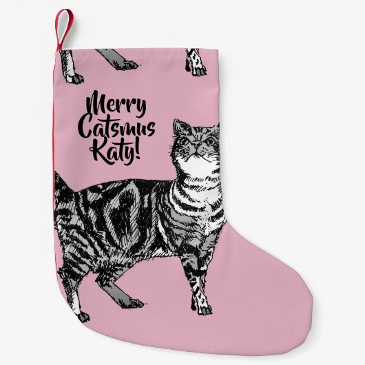 Tabby Cat Merry Catsmus Pink Christmas Stocking スモールクリスマスストッキング (正面)