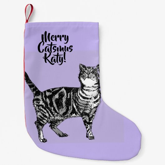 Tabby Cat Merry Catsmus Purple Christmas Stocking スモールクリスマスストッキング (正面)