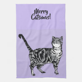 Tabby Cat Merry Christmas Purple Lavender Pastel キッチンタオル