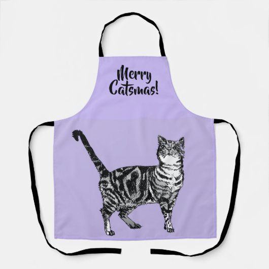Tabby Cat Merry Christmas Purple lavender Stocking エプロン (正面)