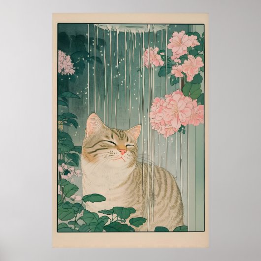 Tabby Cat Shower Print Ukiyo-e Botanical Bathroom ポスター (正面)