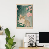 Tabby Cat Shower Print Ukiyo-e Botanical Bathroom ポスター (ホームオフィス)