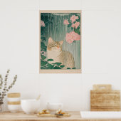 Tabby Cat Shower Print Ukiyo-e Botanical Bathroom ポスター (キッチン)