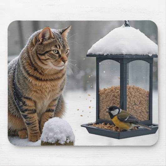 Tabby Cat Watching a Bird On a Feeder マウスパッド (正面)