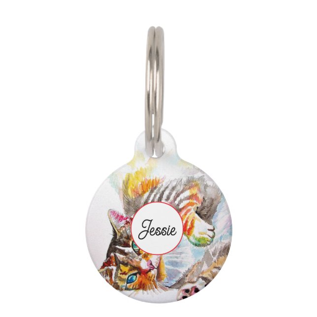 Tabby Cat Watercolor Painting Art Cats Pet Name ペット　ネームタグ (正面)