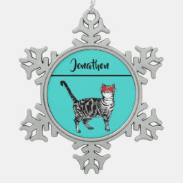 Tabby Cats クール 'One Cat' Aqua Boys スノーフレークピューターオーナメント