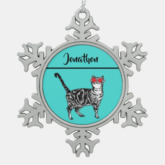 Tabby Cats クール 'One Cat' Aqua Boys スノーフレークピューターオーナメント (正面)