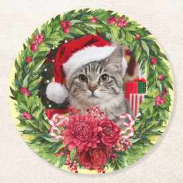 Tabby Christmas Wreath Coaster ラウンドペーパーコースター