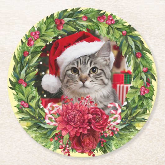 Tabby Christmas Wreath Coaster ラウンドペーパーコースター (正面)